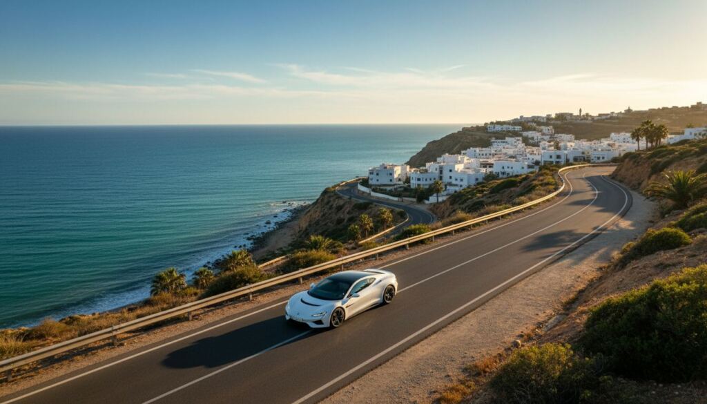 Voiture sur une route côtière au Maroc