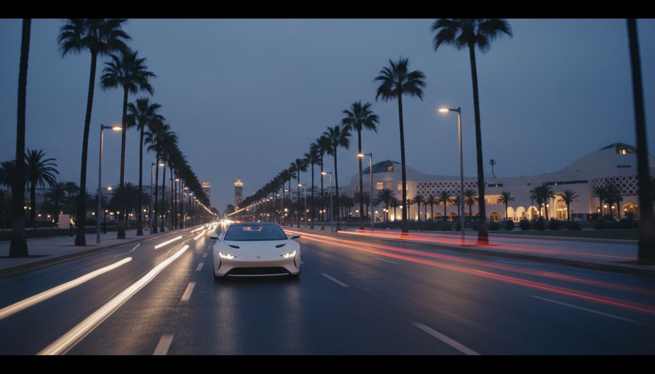 Voiture blanche sur un boulevard de ville au crépuscule