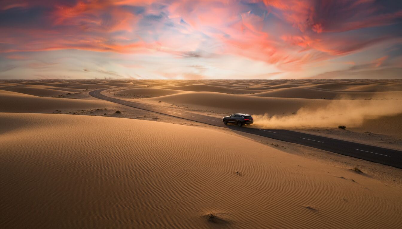SUV sur une route du désert au coucher du soleil